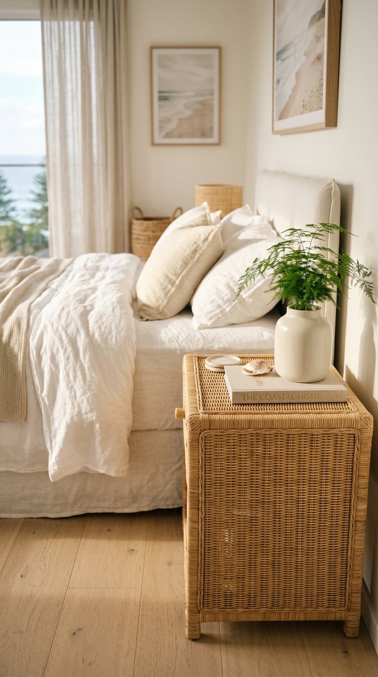Bring in a Light Oak or Rattan Nightstand on Each Side