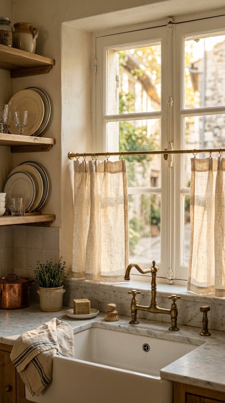 Cafe Curtains on Brass Rods for a French Bistro Kitchen