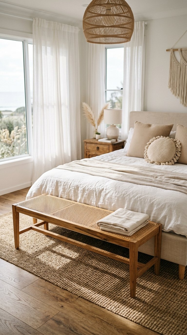 Cane or Rattan Seat Bench on a Wooden Frame