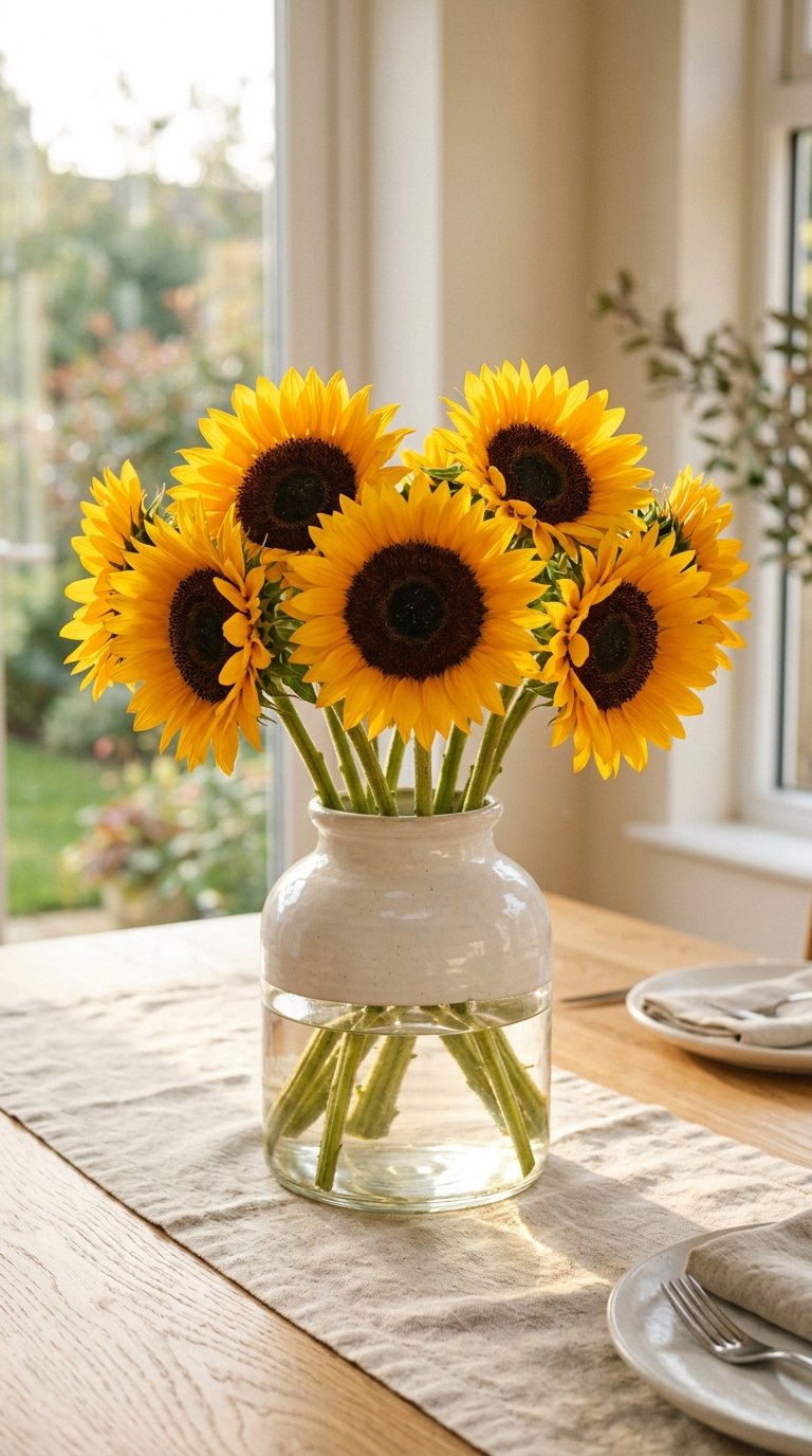 Center a Fresh Sunflower Arrangement in a Wide Ceramic Vase