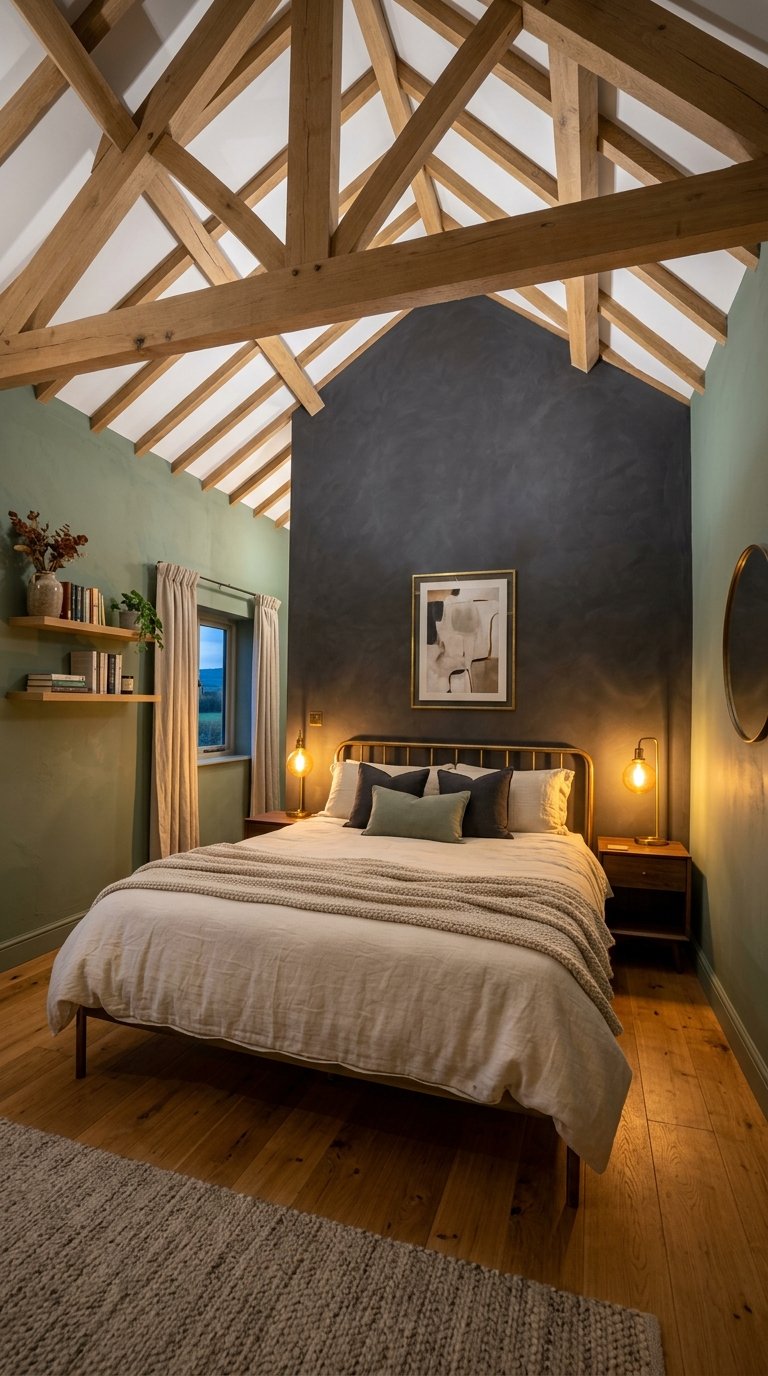 Charcoal Grey Accent Wall Behind the Bed with Sage Green Side Walls