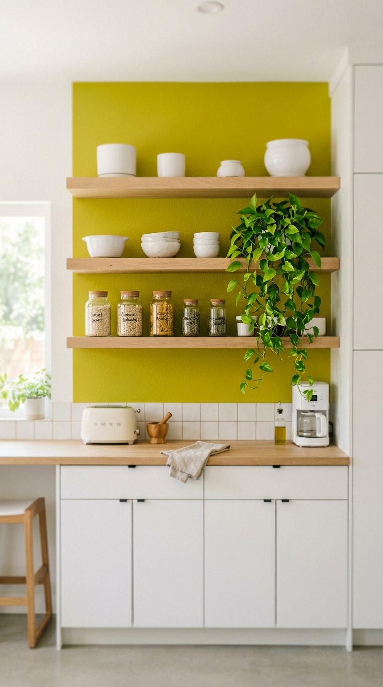 Chartreuse Accent Wall in a Neutral Kitchen