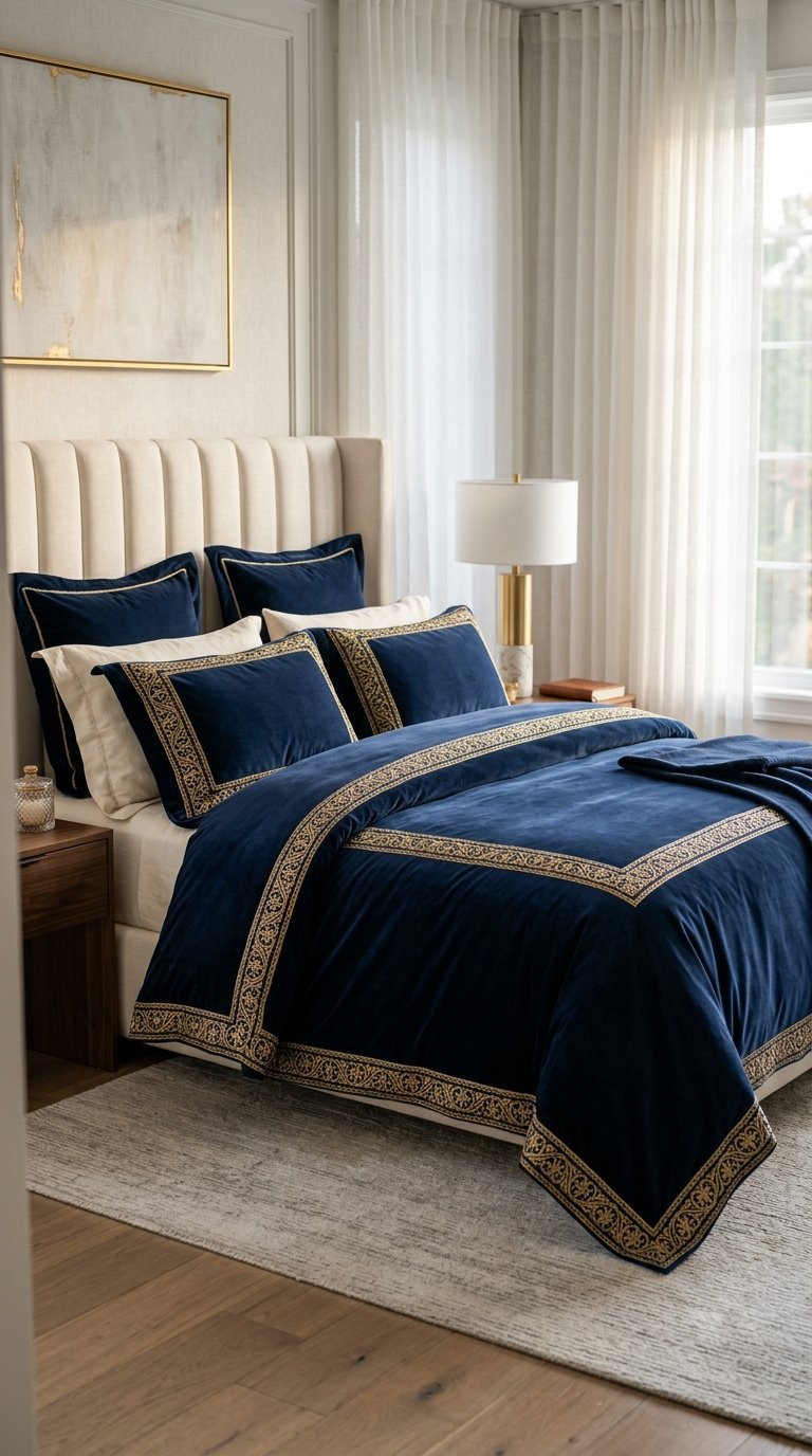Choose Navy Velvet Bedding with Gold Embroidery