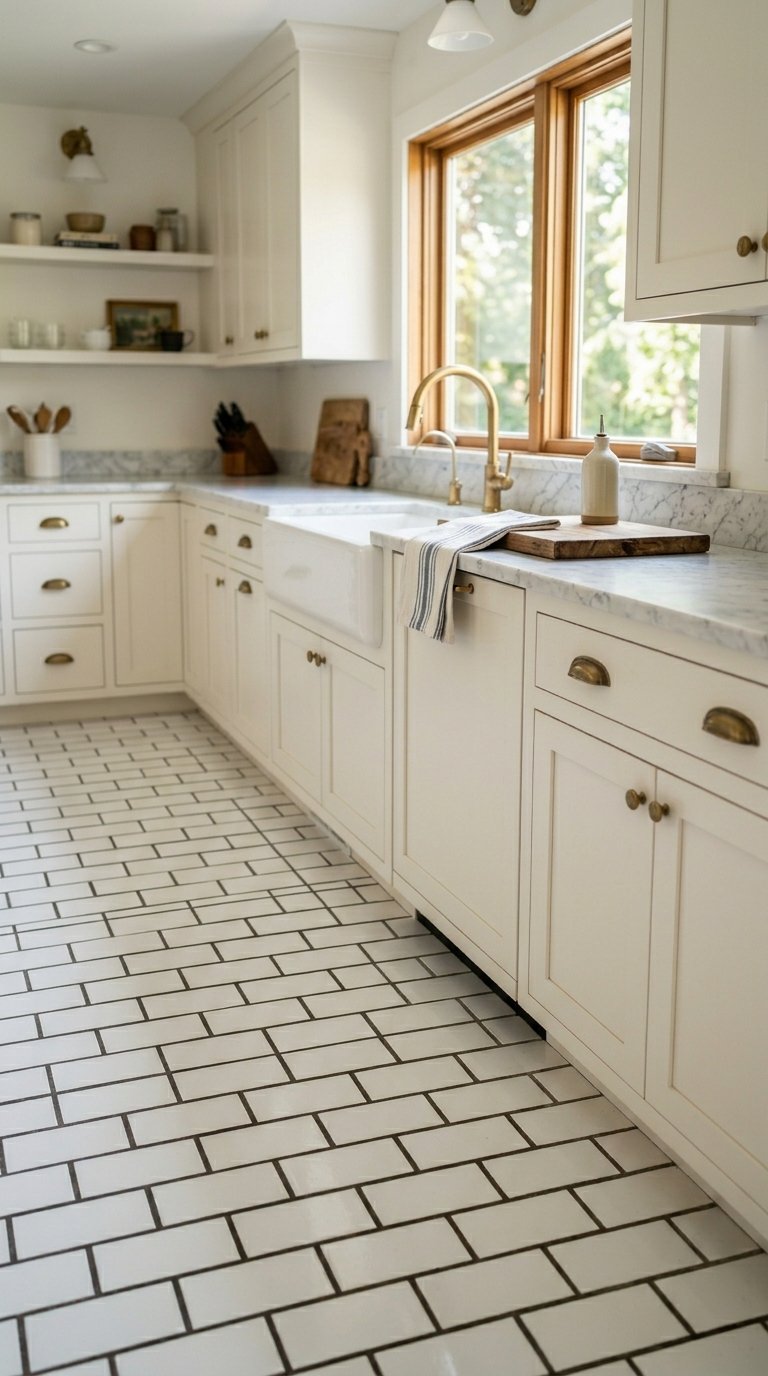 Classic White Subway Tile Floor in a Running Bond Pattern