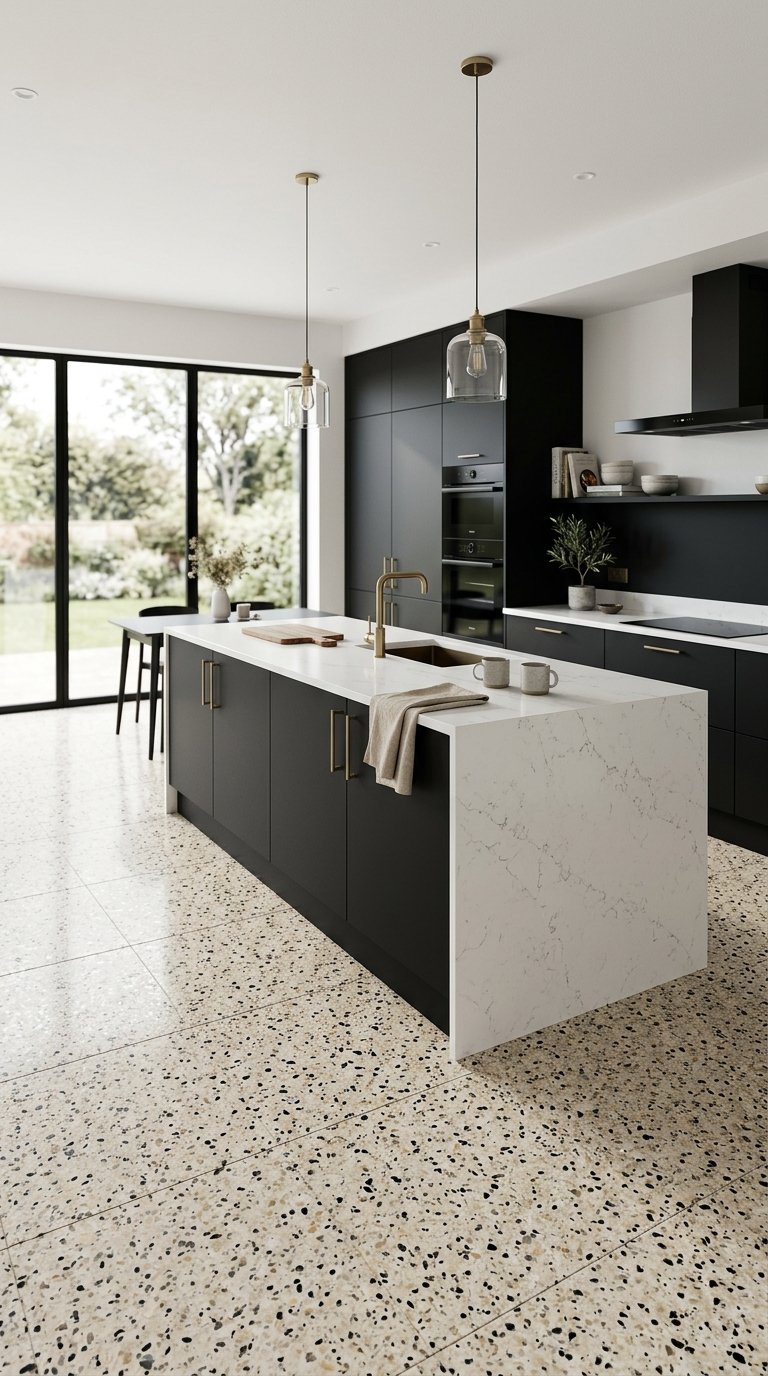 Combine Black Cabinets with Terrazzo Flooring