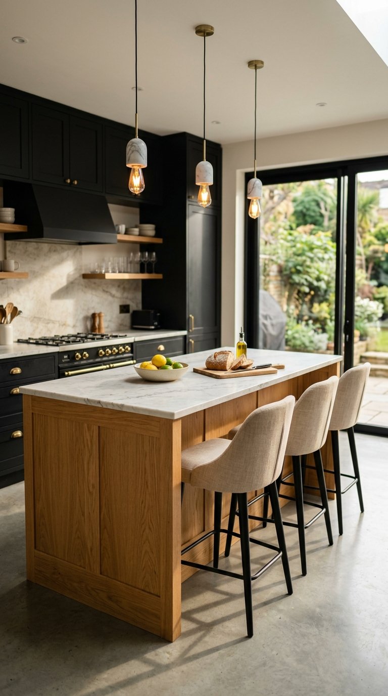 Combine Black Upper and Lower Cabinets with a Natural Wood Island
