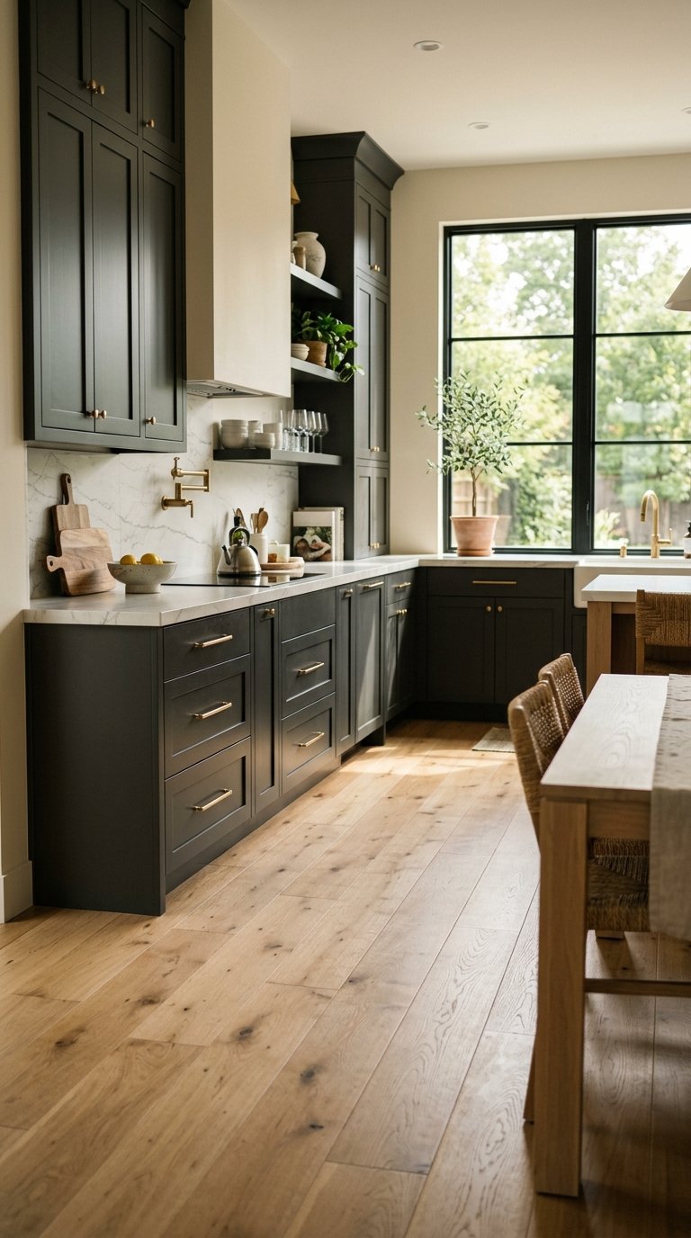 Combine Charcoal Cabinets With Light Wood Floors