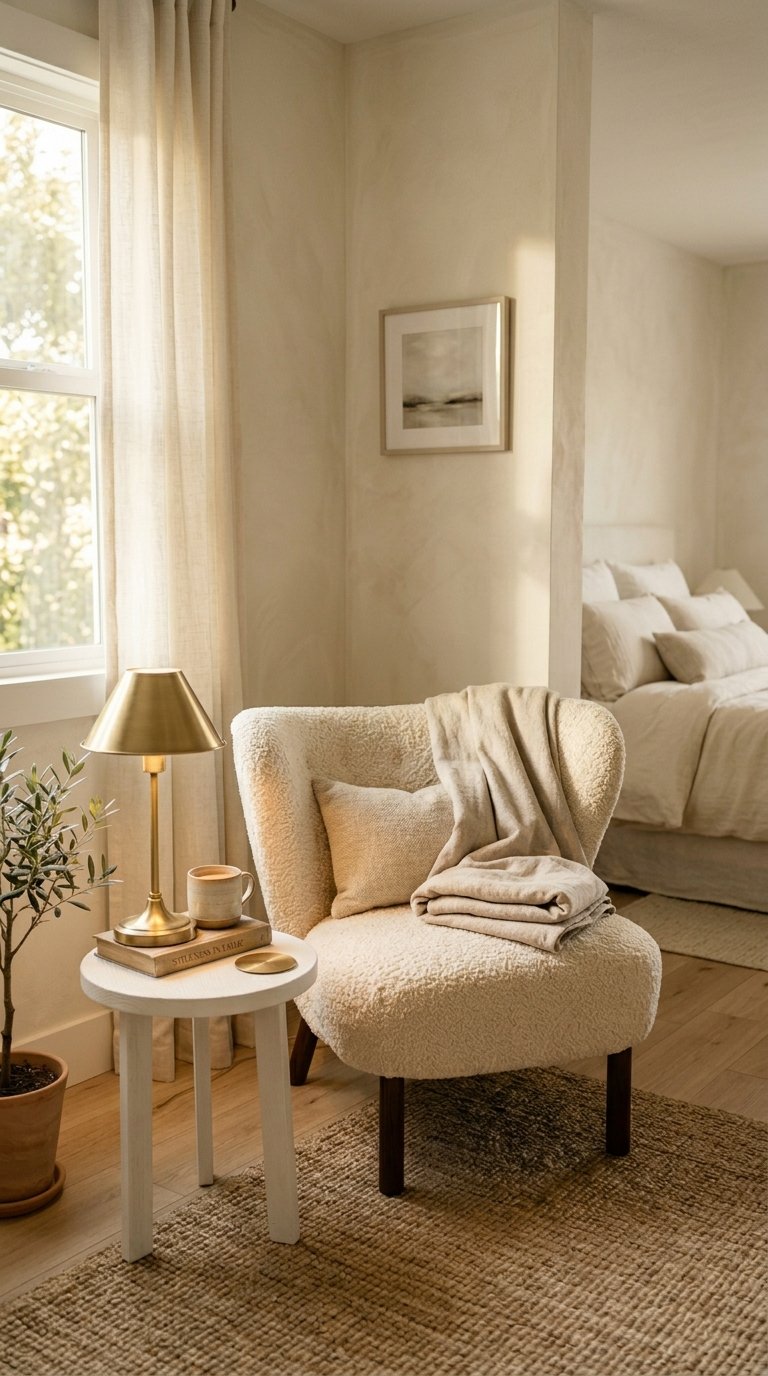 Cream Boucle Accent Chair for a Reading Corner