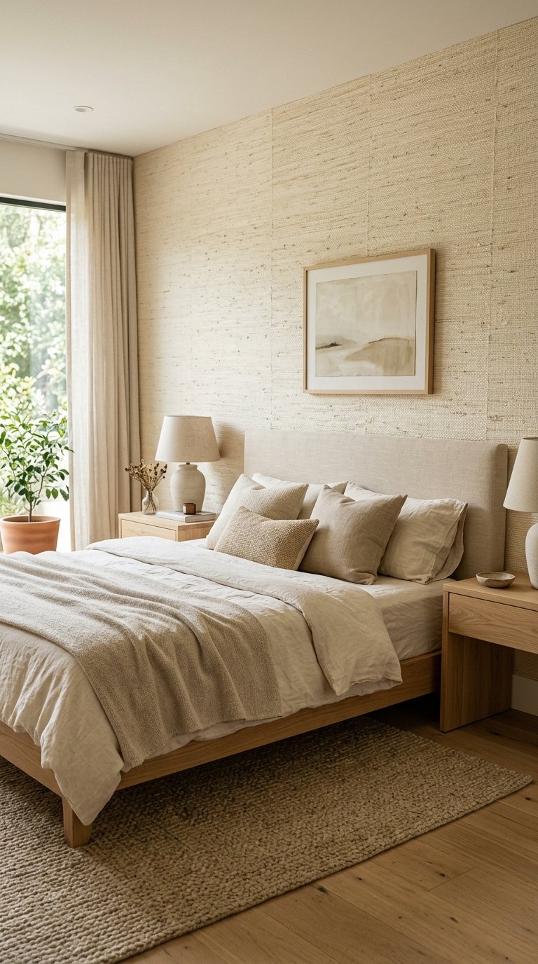 Cream Grasscloth Wallpaper for a Textured Accent Wall