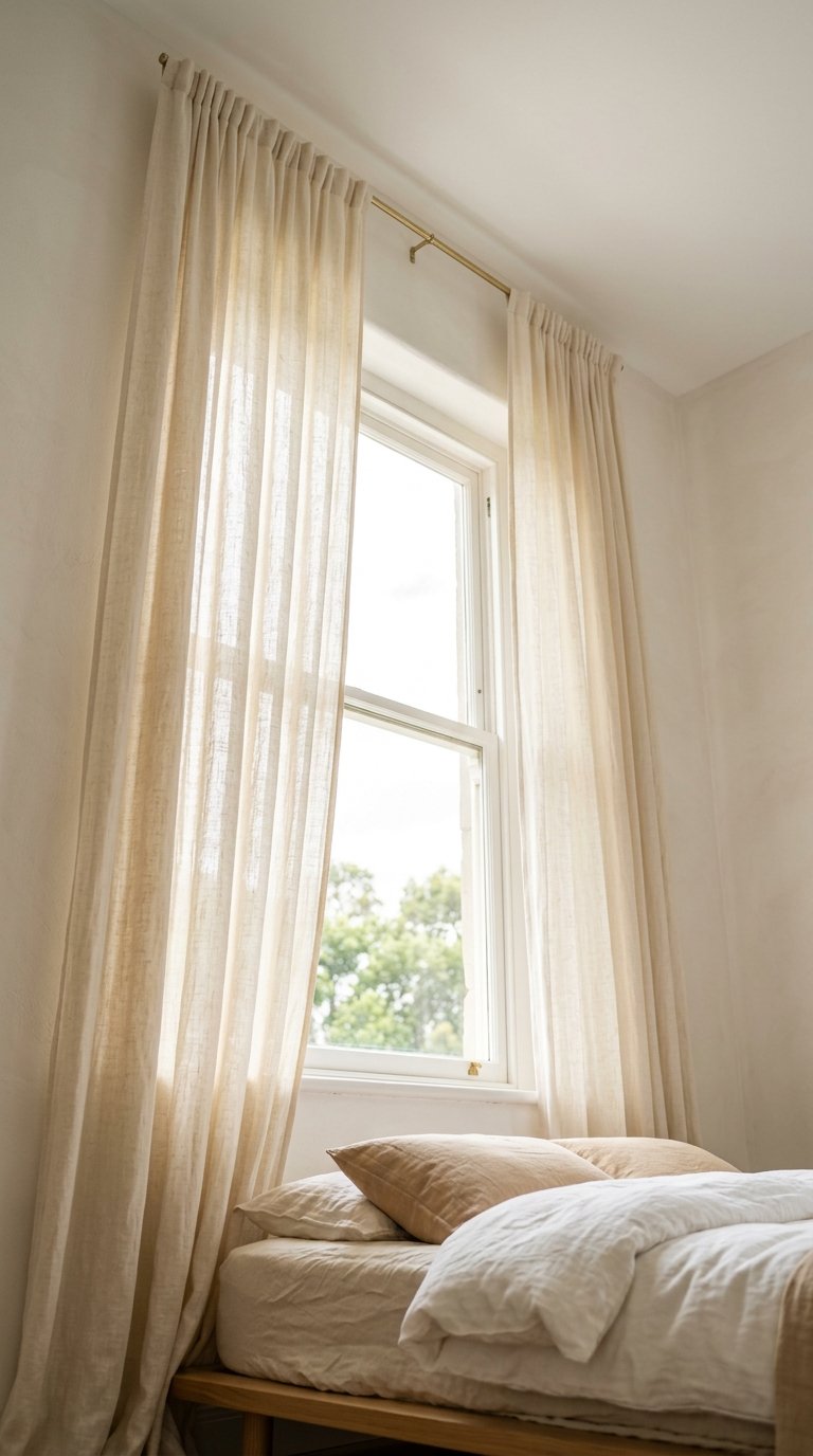 Cream Linen Curtain Panels Hung at Ceiling Height