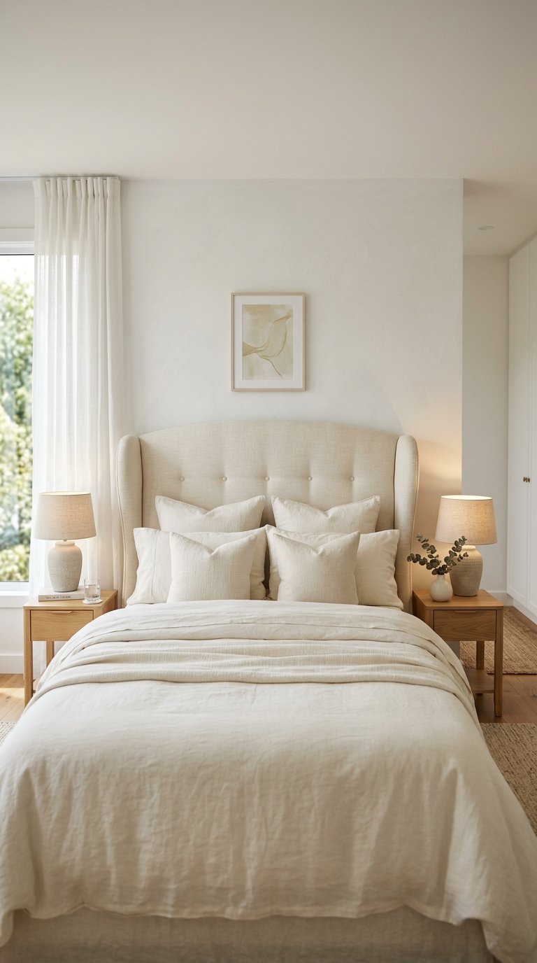 Cream Linen Upholstered Headboard as the Room's Anchor