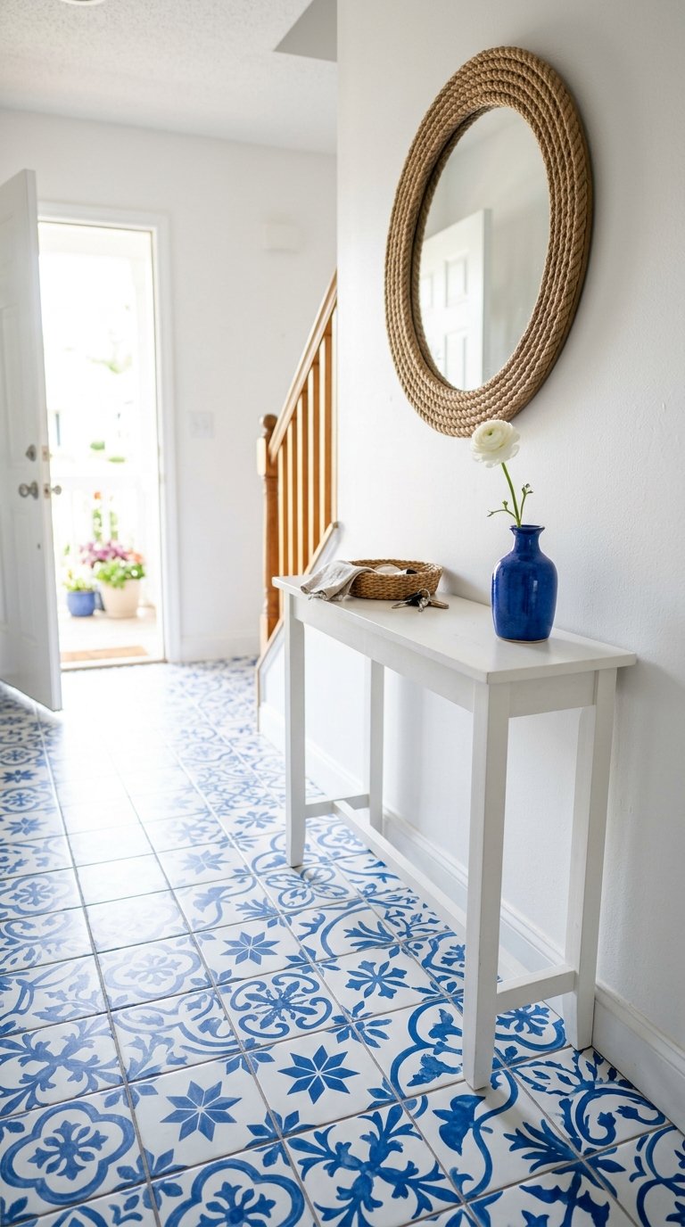 Create a Coastal Entryway With Blue and White Tiles