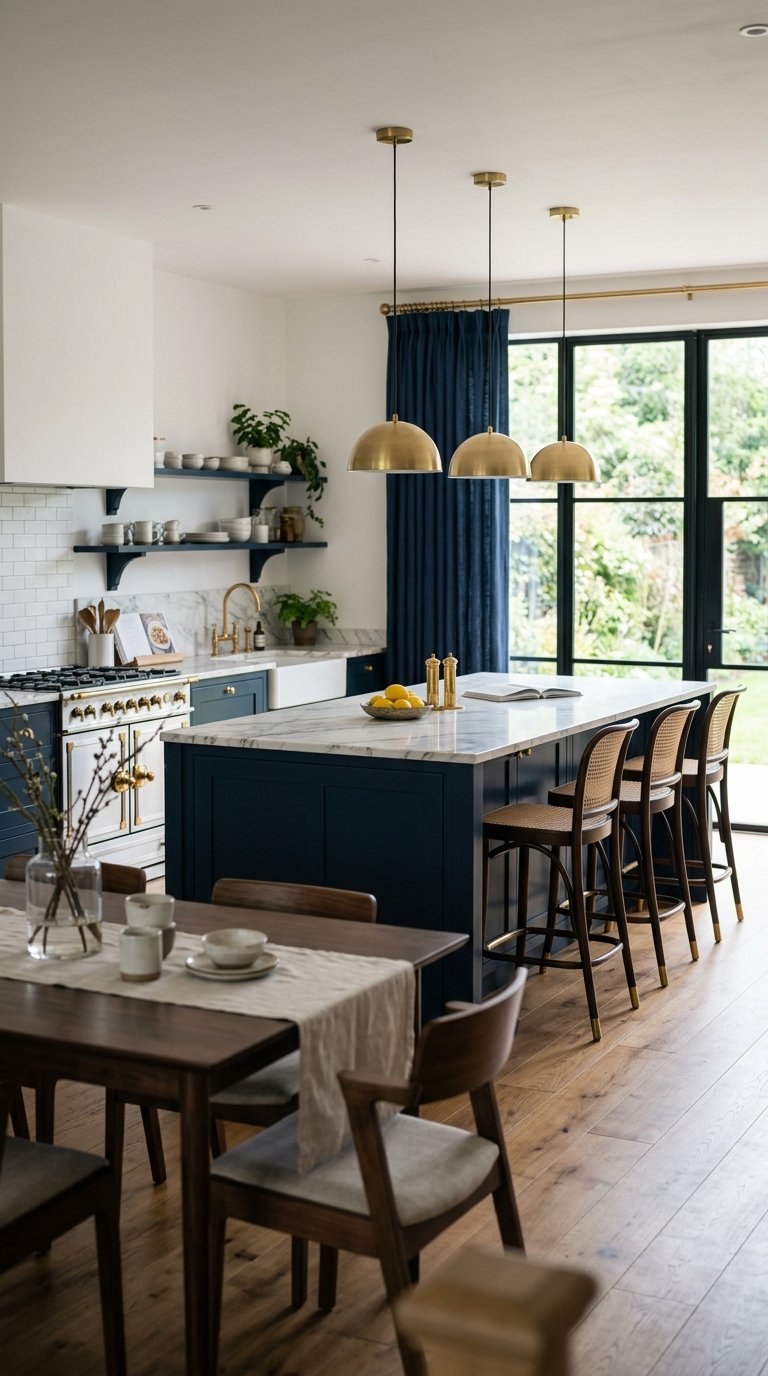 Curtain Panels in a Color That Matches the Island or Lower Cabinets