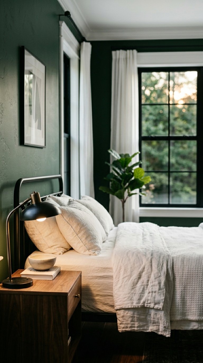 Dark Forest Green Walls With White Ceiling and White Trim