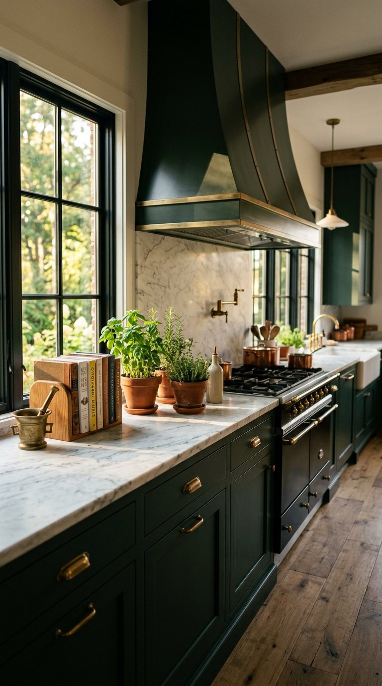 Dark Green Cabinets With Marble Countertops