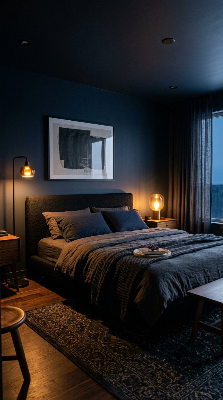 Dark Walls With Warm Lighting for a Moody, Masculine Atmosphere