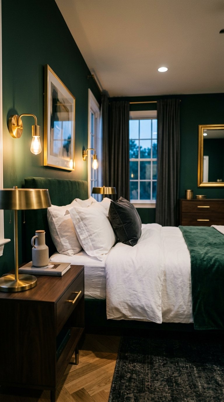 Deep Green and White Bedroom With Gold or Brass Finishing Touches
