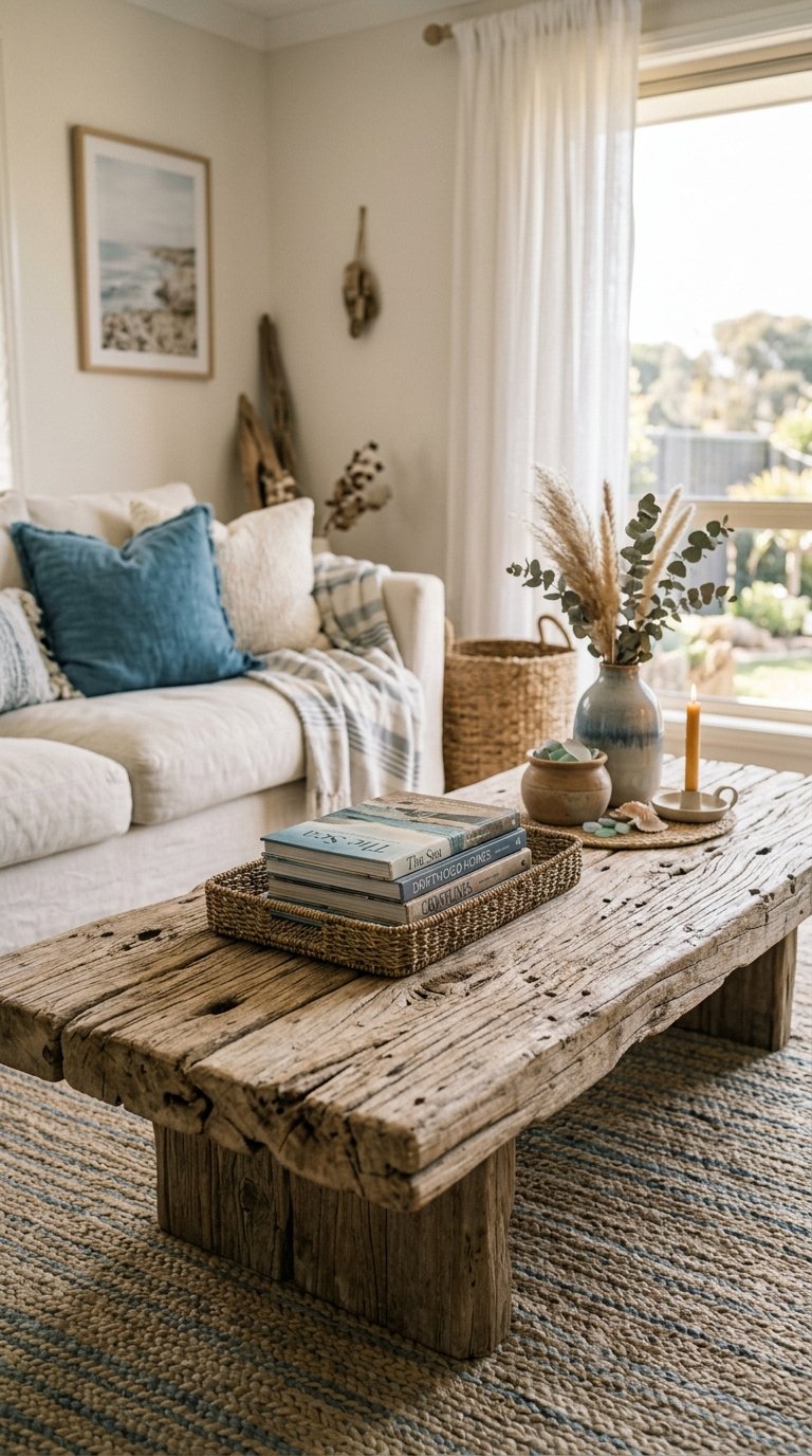 Add a Driftwood or Bleached Wood Coffee Table