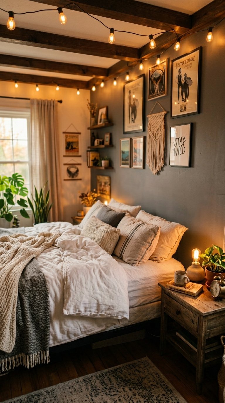 Edison Bulb String Lights Along the Ceiling or Bed Frame