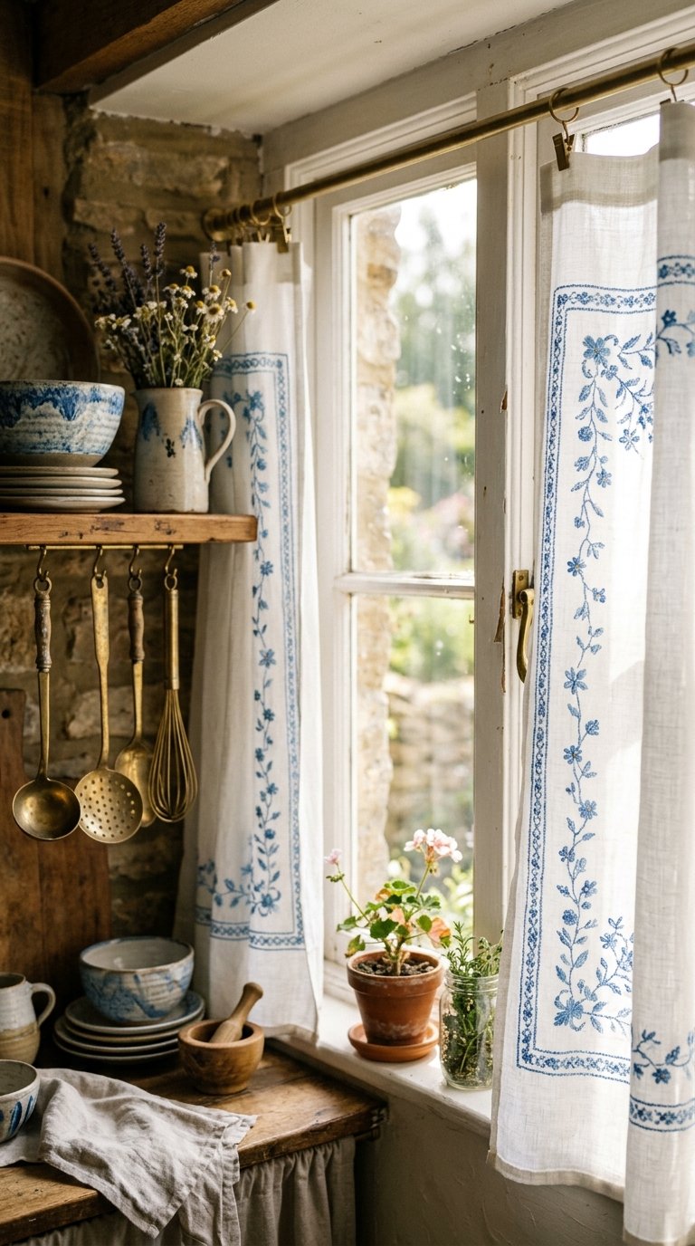 Embroidered Curtains for a Colorful, Artisan Kitchen