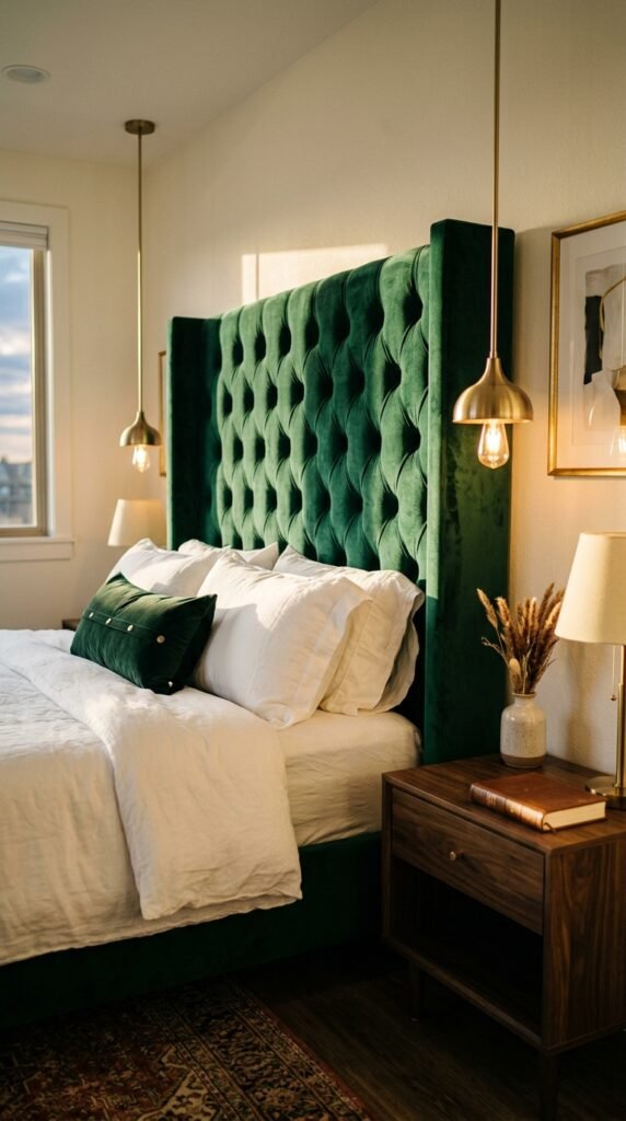 Emerald Green Velvet Headboard Against White Walls