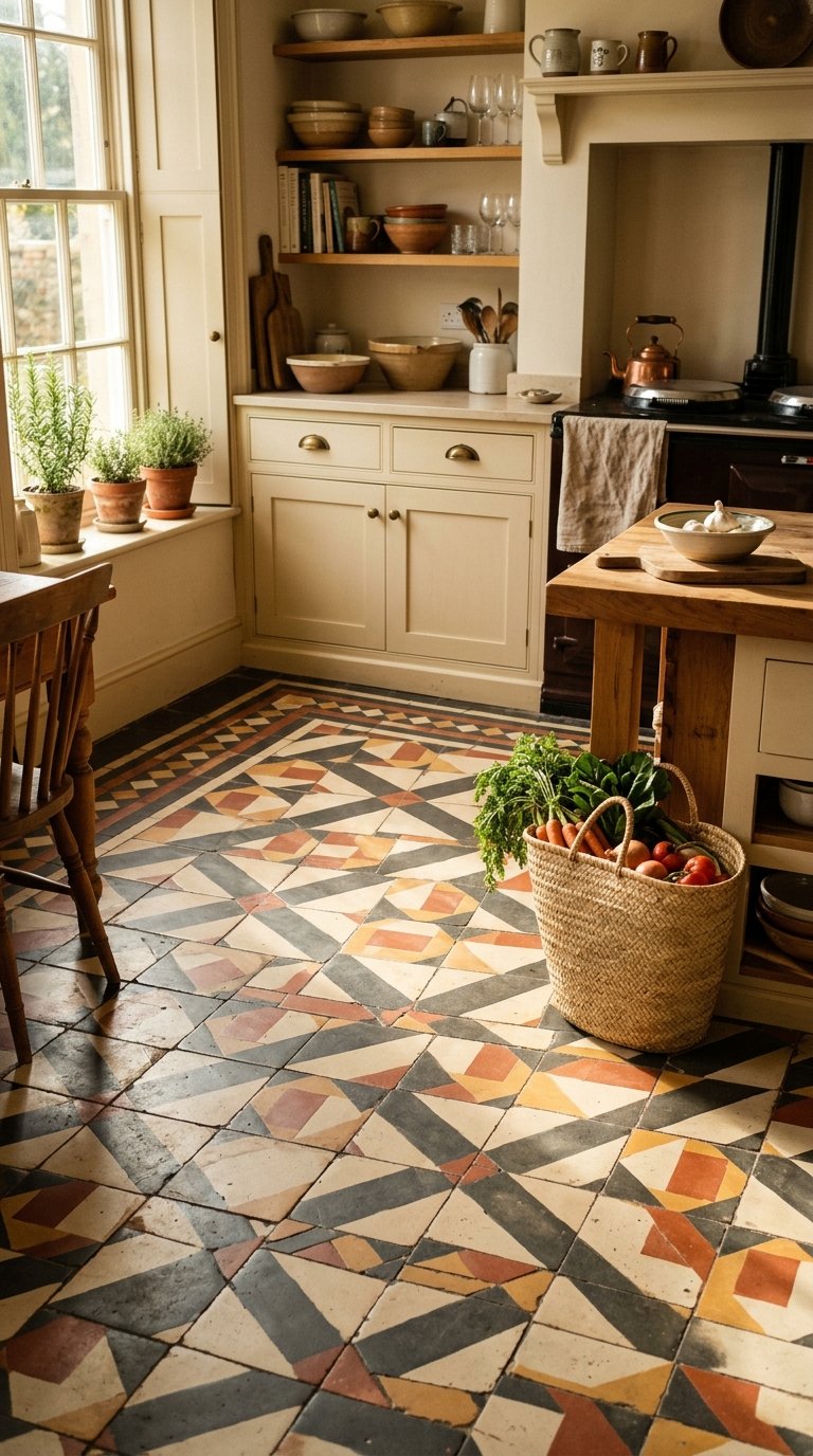 Encaustic Cement Tile in a Geometric Pattern
