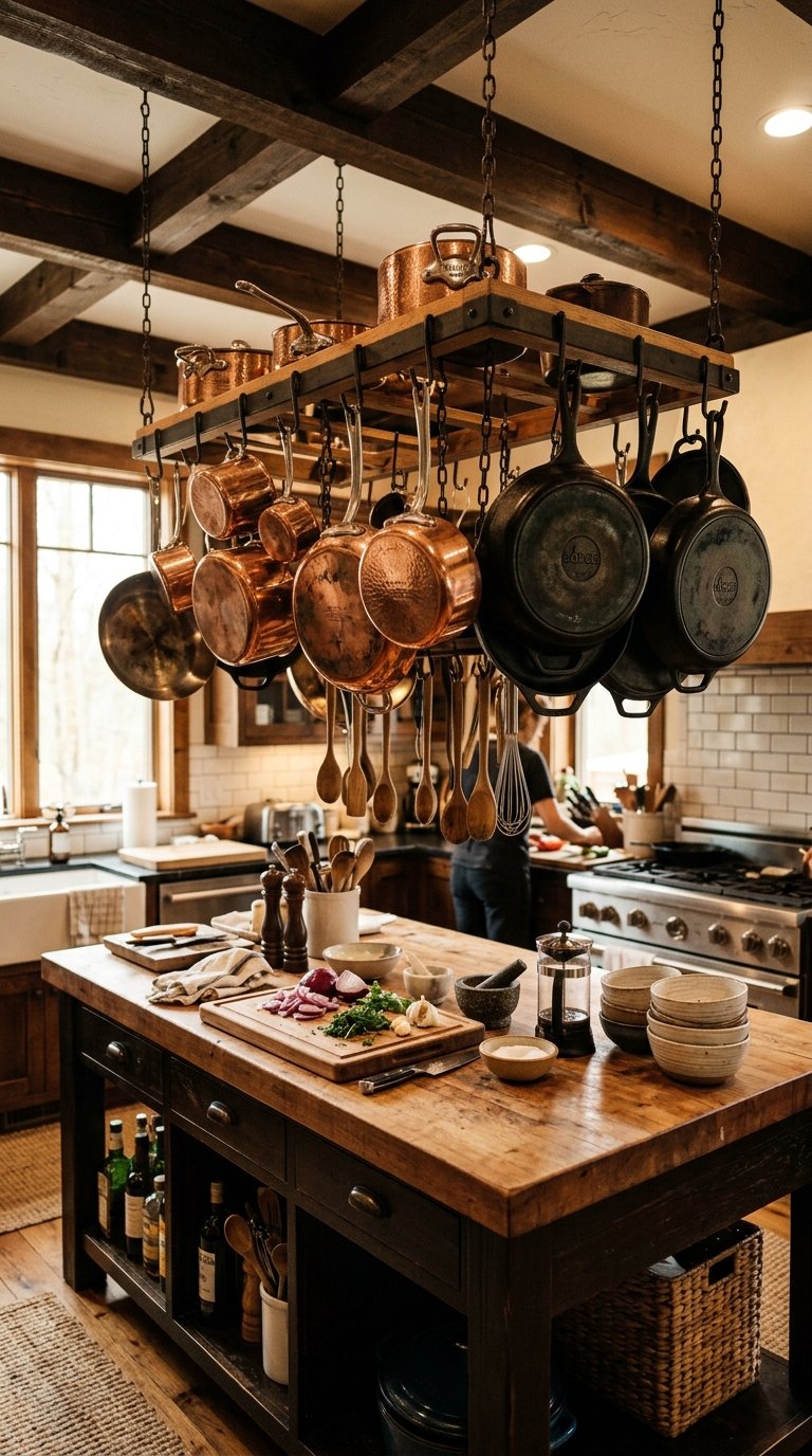 Farmhouse Island With Hanging Pot Rack Above