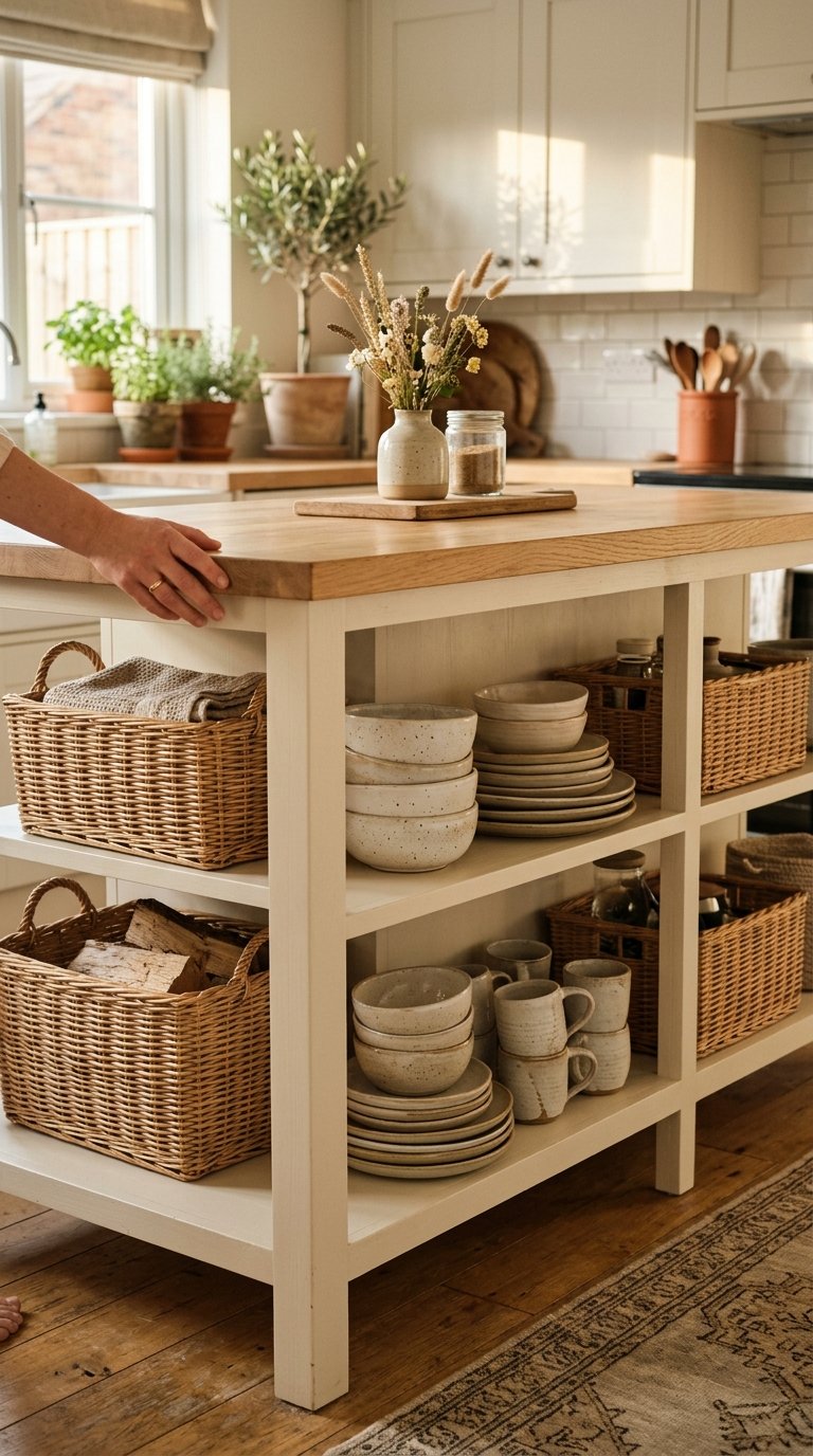 Farmhouse Island With Open Shelving Below