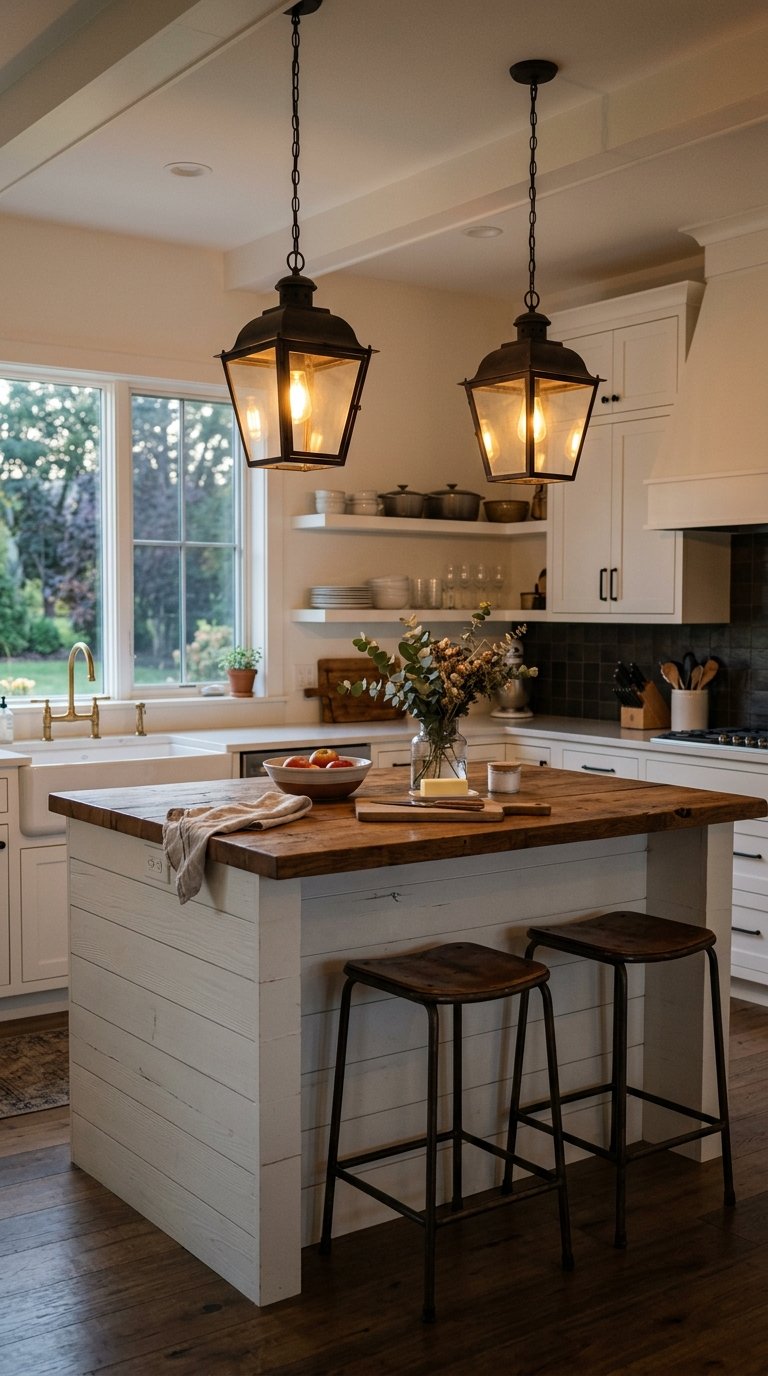Farmhouse Island With Shiplap and Lantern Pendant Lights