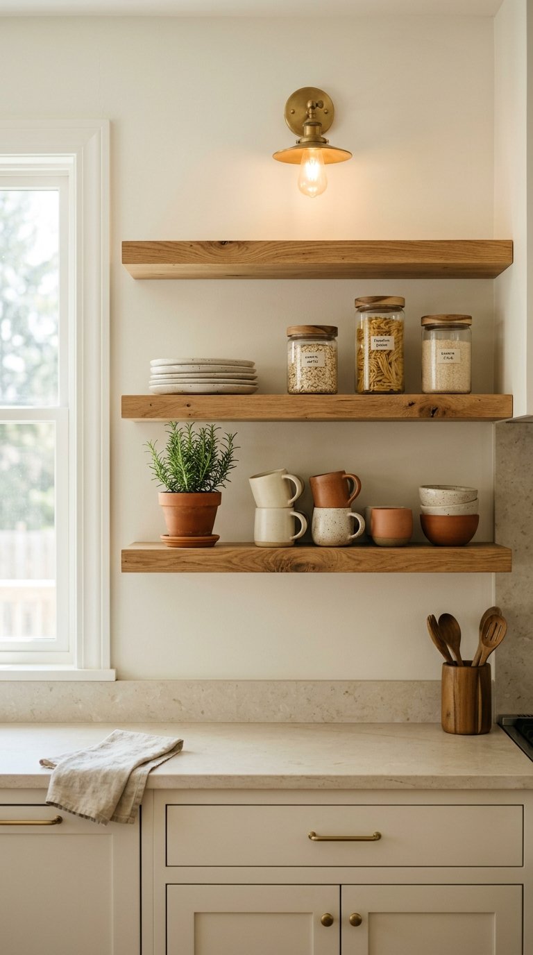Floating Kitchen Shelves in a Warm Wood Tone