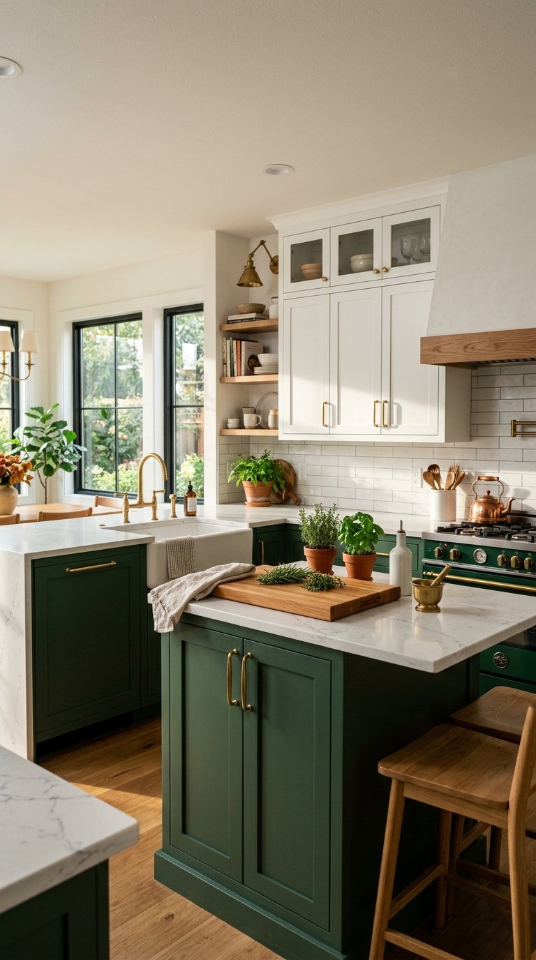 Forest Green Lower Cabinets, White Uppers