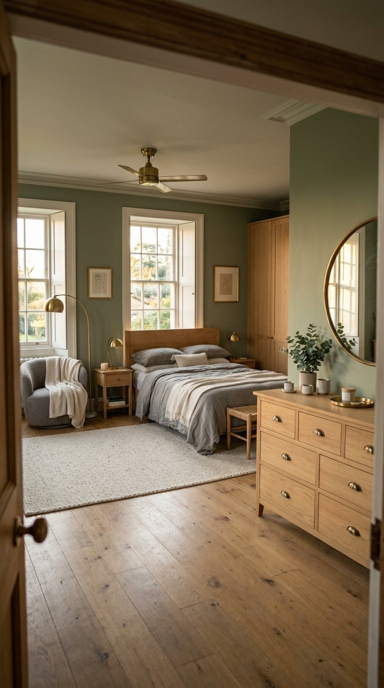 Full Sage Green and Grey Tonal Bedroom with Warm Brass Accents
