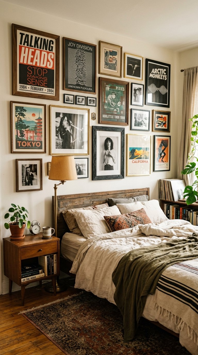Gallery Wall of Concert Posters and Vintage Prints in Mismatched Frames