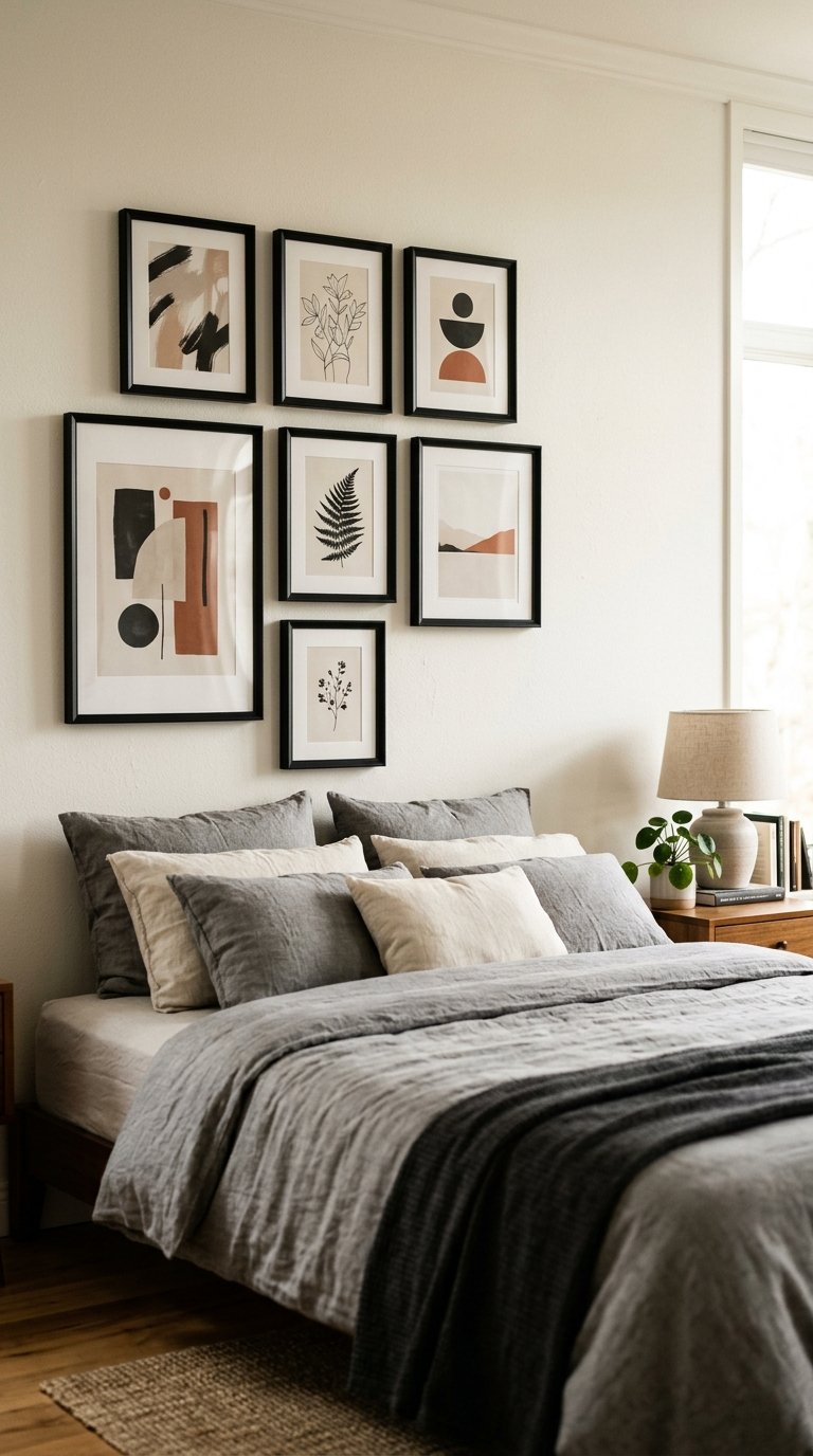 Gallery Wall of Framed Prints Above the Bed