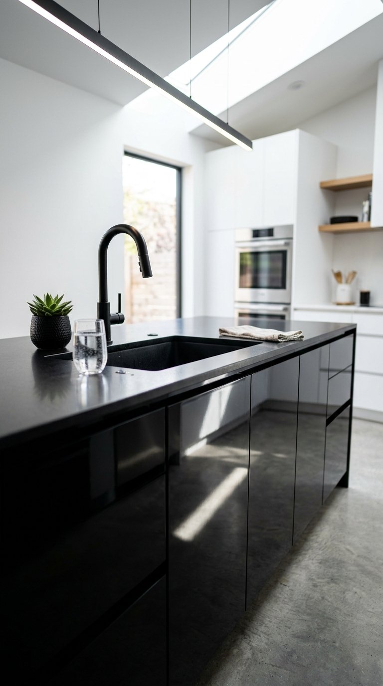 Glossy Black Island With Integrated Sink