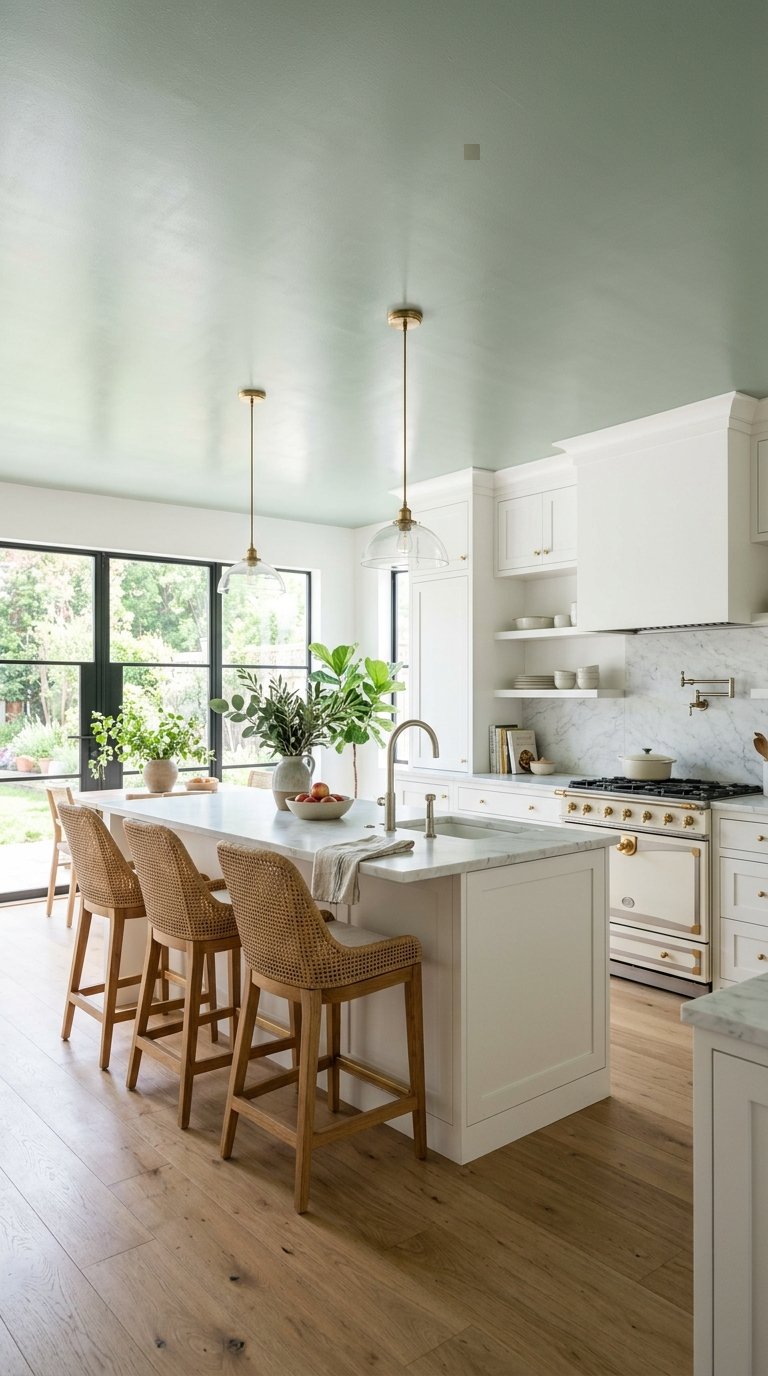 Green Painted Ceiling in a White Kitchen