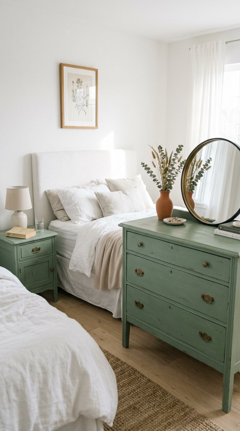 Green Painted Furniture in a White Bedroom
