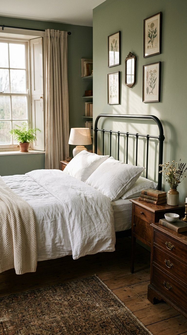 Green and White Bedroom With Black Iron Bed Frame