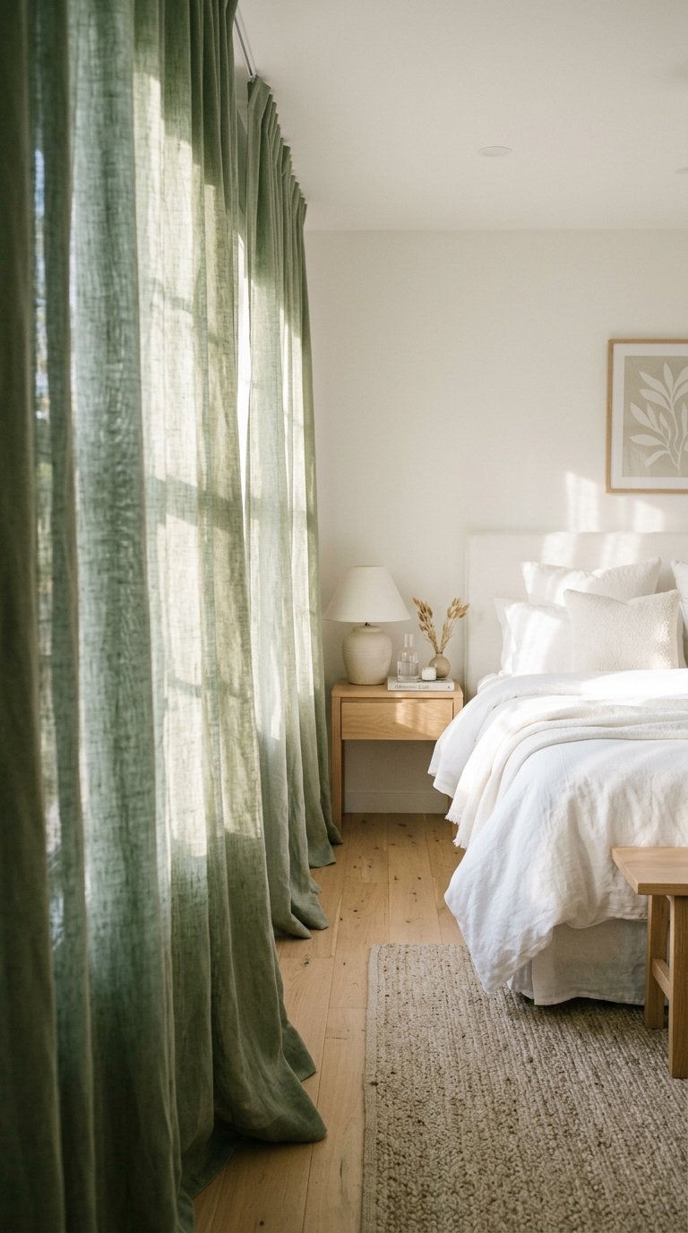 Green and White Bedroom With Linen Curtains in a Complementary Green Tone