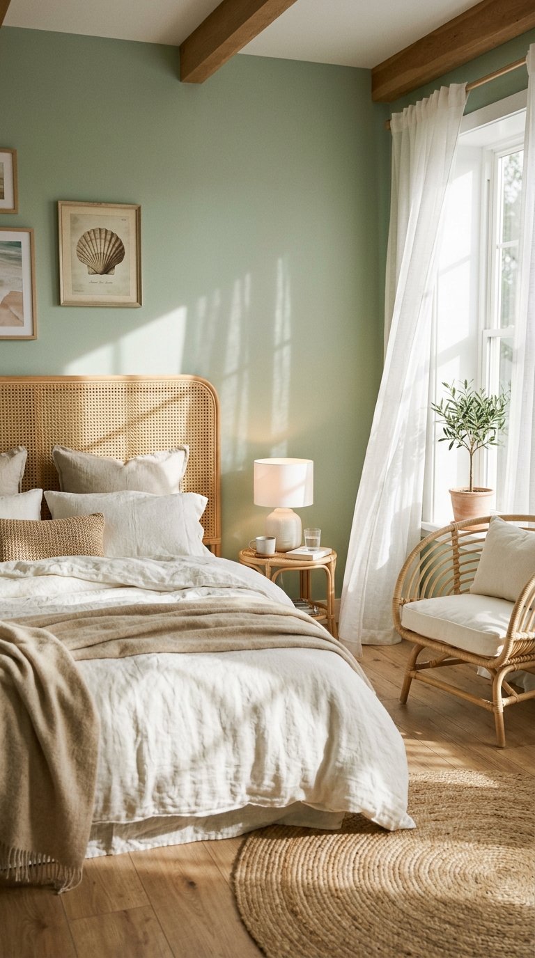 Green and White Bedroom With Rattan or Cane Furniture
