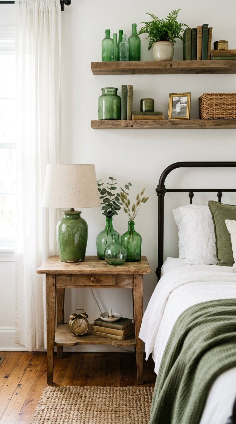 Green and White Bedroom With Vintage Green Accessories