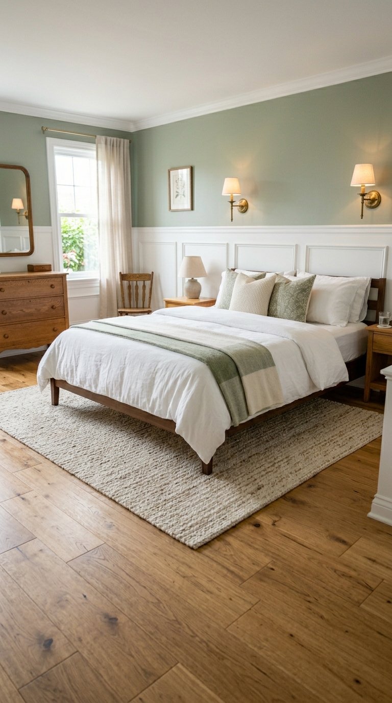 Green and White Bedroom With Wainscoting Painted in a Soft Green