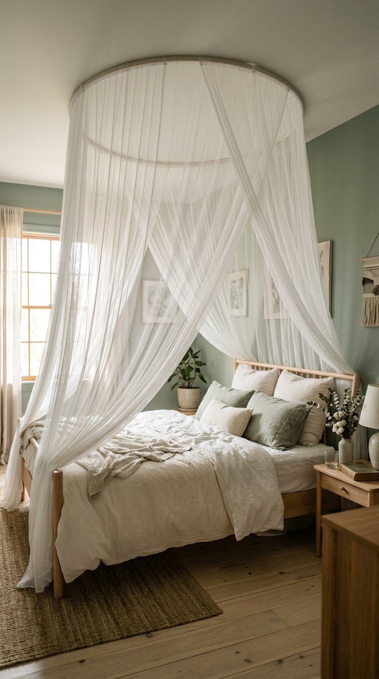 Green and White Bedroom With a Canopy of White Sheer Curtains