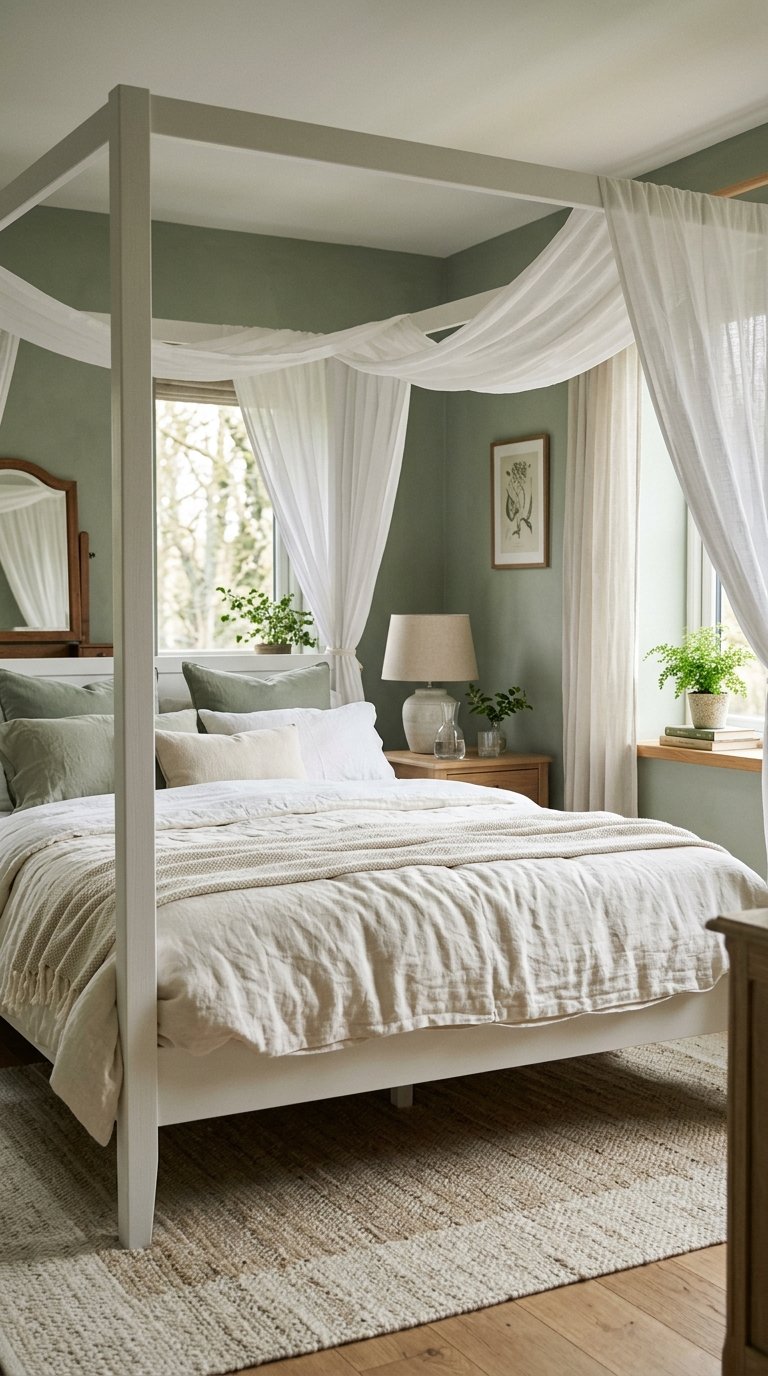 Green and White Bedroom With a White Four-Poster Bed
