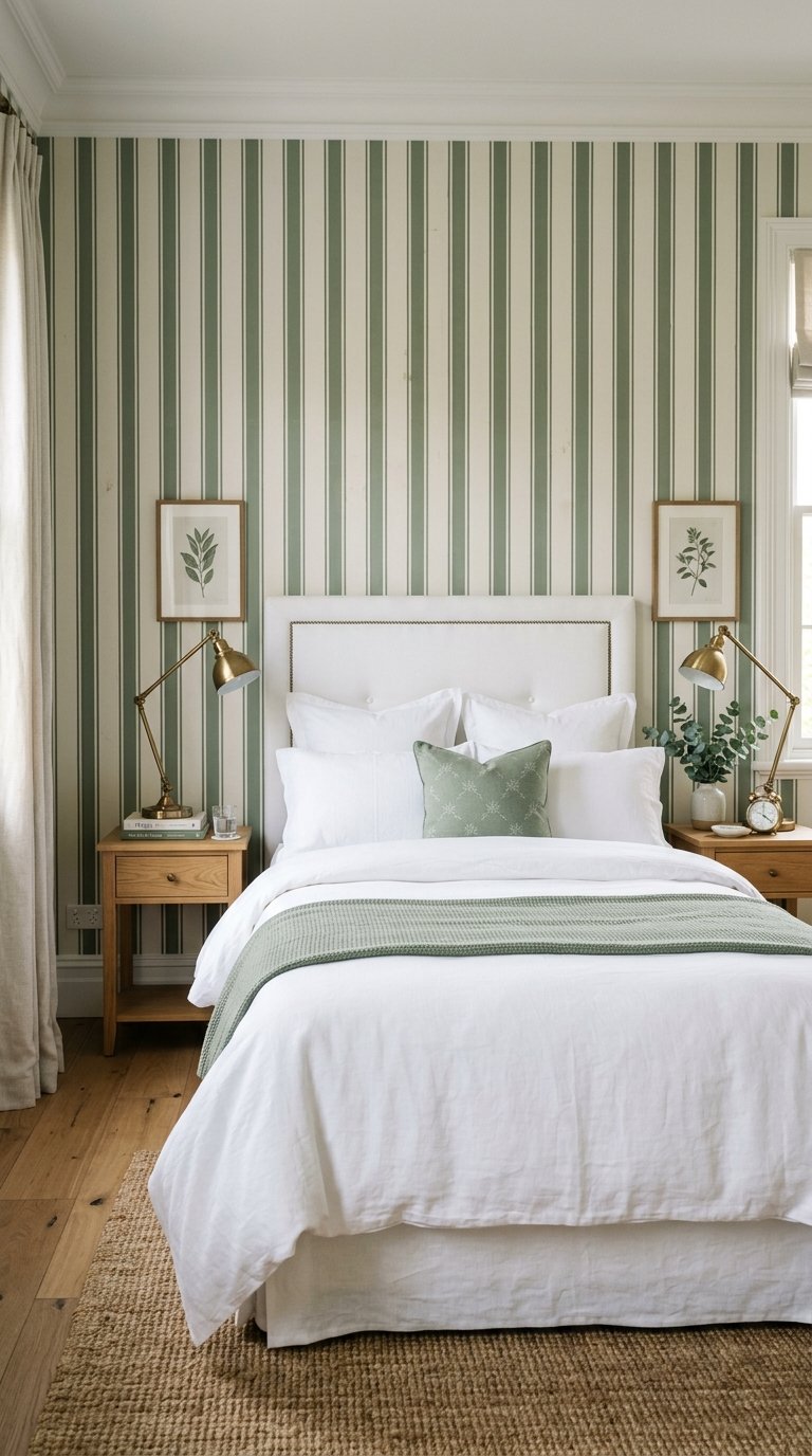 Green and White Stripe Wallpaper on the Headboard Wall