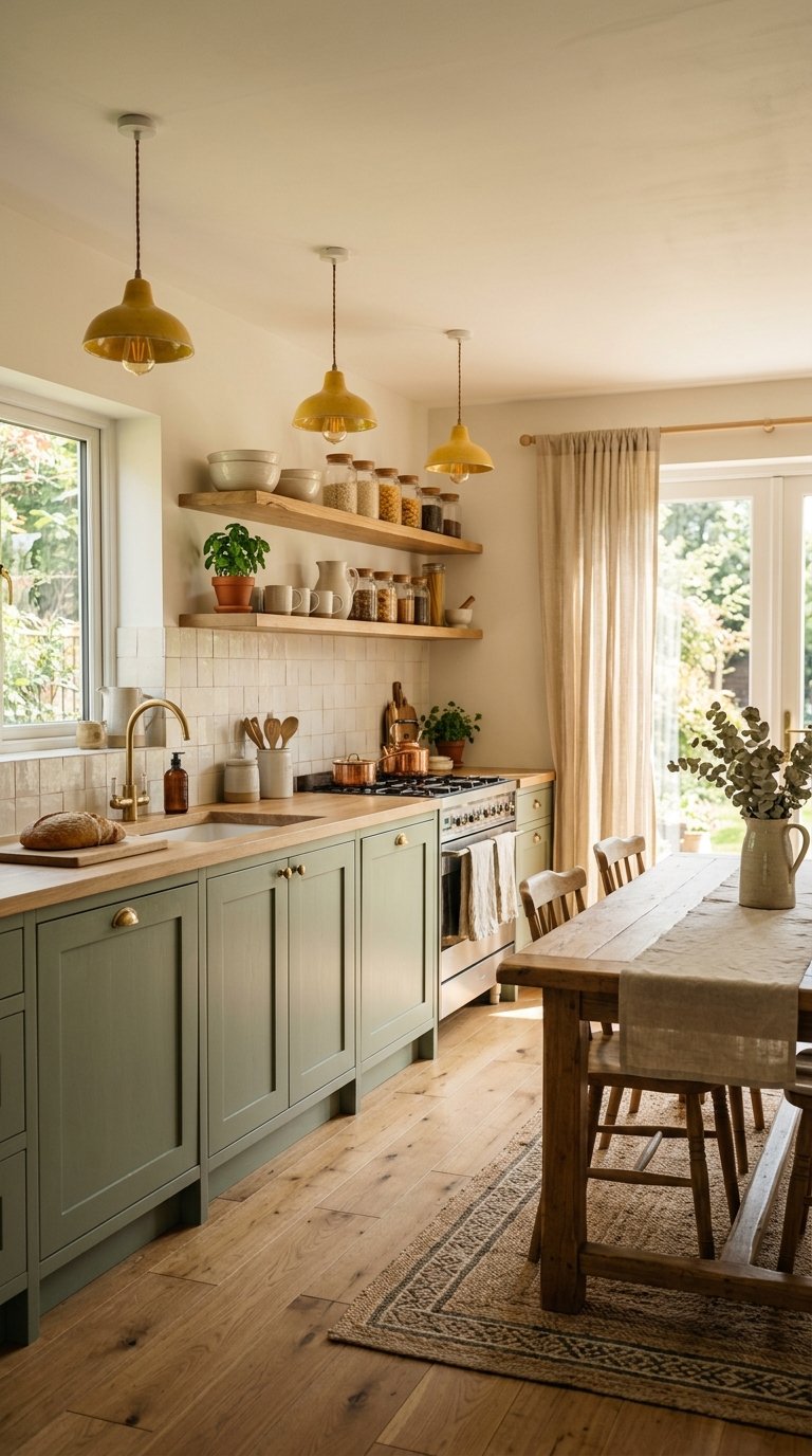 Green and Yellow Kitchen With Natural Wood