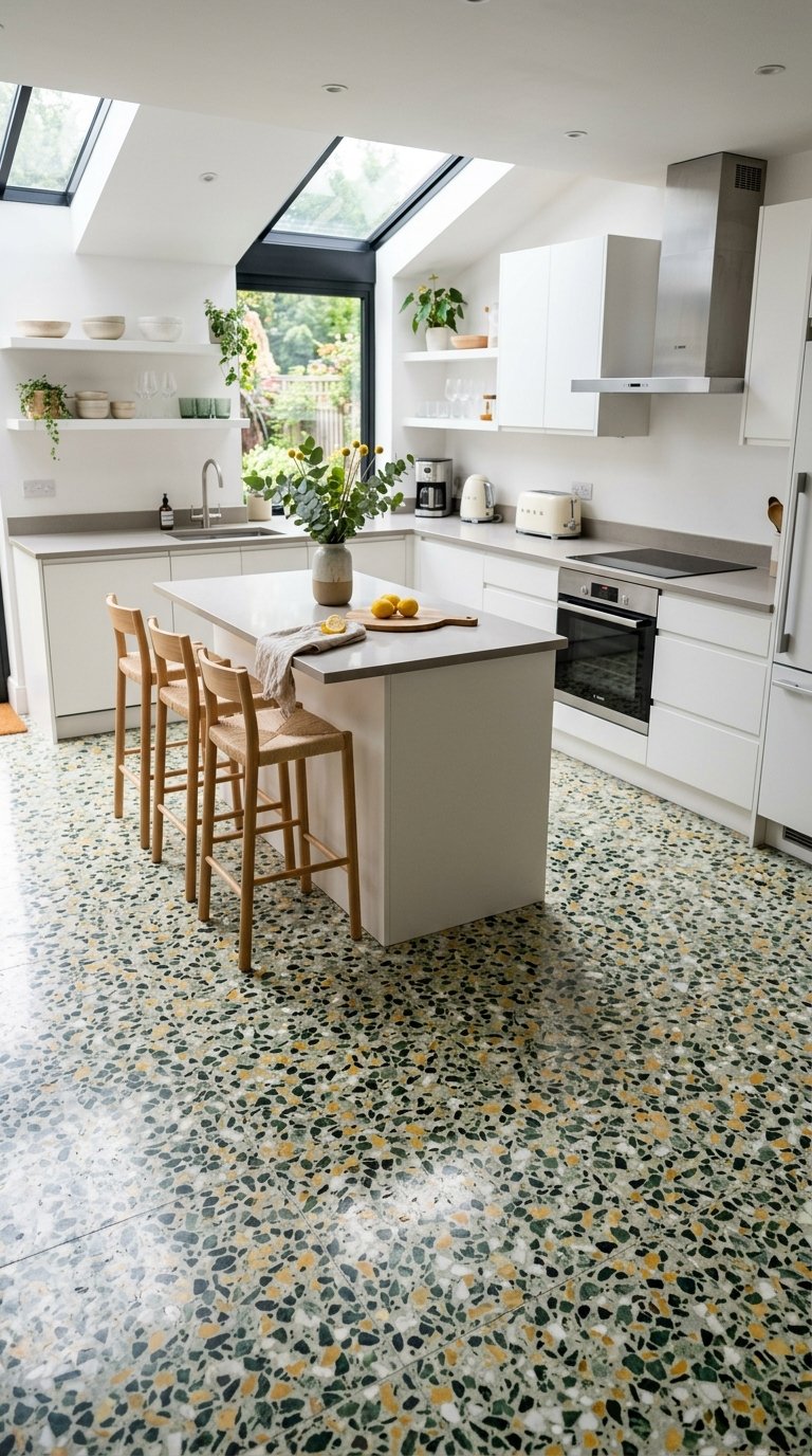 Green and Yellow Kitchen With Terrazzo Floors
