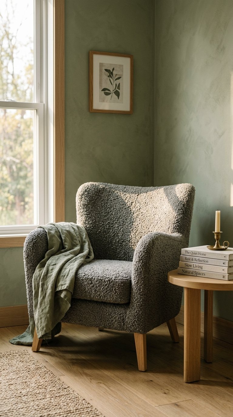 Grey Boucle Accent Chair in a Sage Green Bedroom