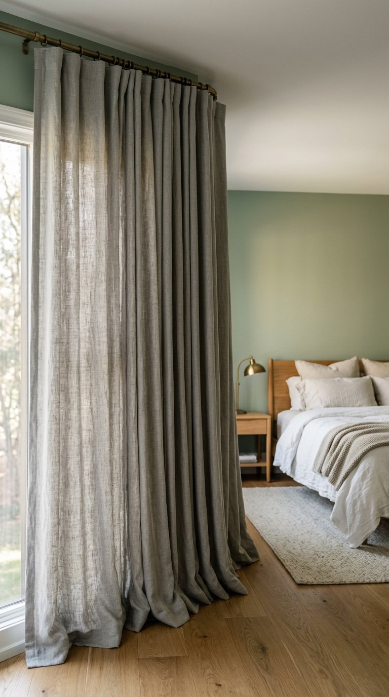 Grey Linen Curtain Panels Hung at Ceiling Height on Sage Green Walls