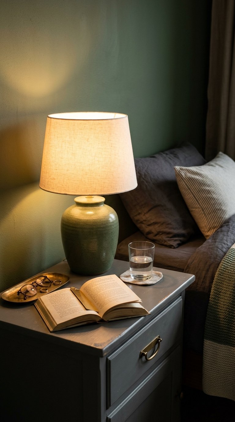 Grey Nightstands with Sage Green Lamps for Hardware-Level Color